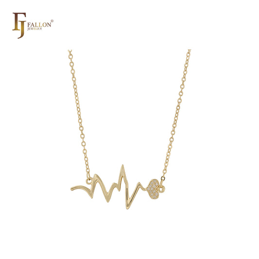 Heartbeat paved white czs 14K Gold necklace