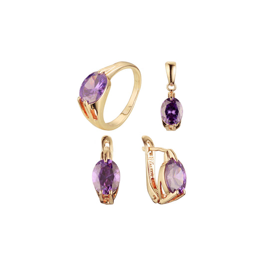 Juego de joyería Solitario ovalado morado claro bañado en Oro de 14K, Oro Rosa