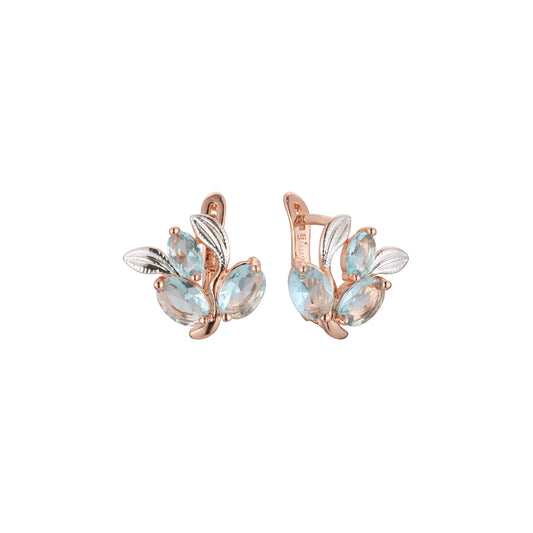 Pendientes bicolor de oro rosa con hojas en racimo y circonitas