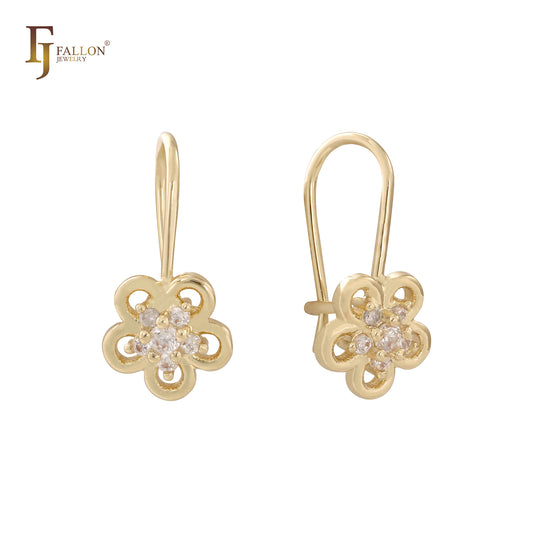 Flower cluster white CZs wire hook 14K Gold, White Gold Child earrings