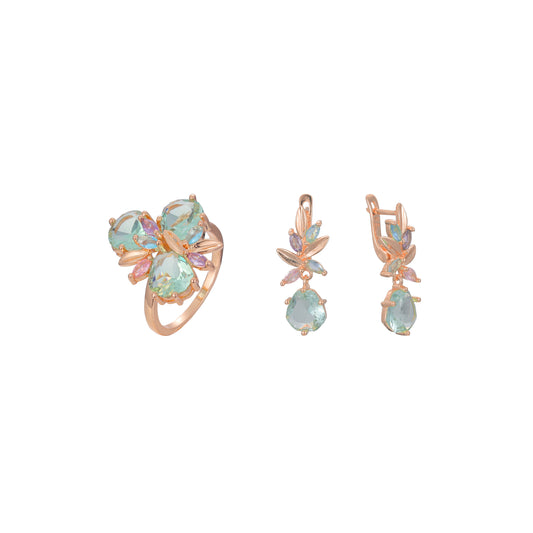 Luxurious Cluster Apple Green mixed colorful CZ Rose Gold rings jewelry set