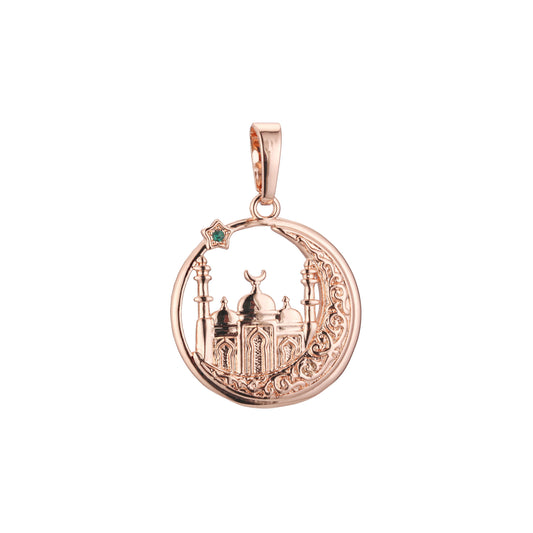 Islamic temple star and crescent Rose Gold two tone, 14K Gold Pendant
