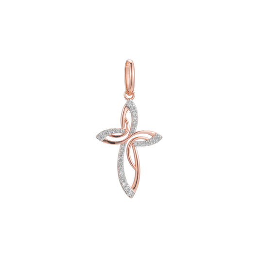 Cluster white CZs Tipped Rose Gold two tone, 14K Gold Fashion Cross pendant