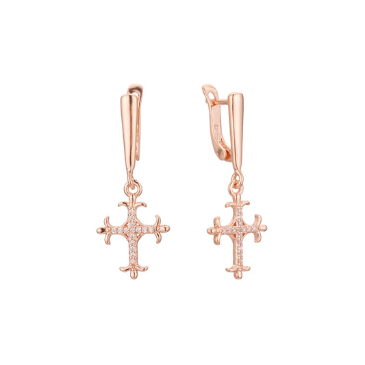 Russian Orthodox Cross cluster Russian Lock Drop Dangle 14K Gold, Rose Gold Earrings