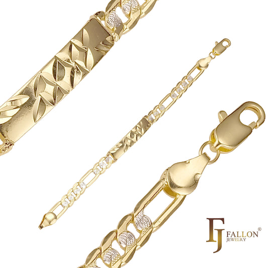 Figaro link 14K Gold, two tone Cross leafing engraving ripple hammered Men's ID bracelets