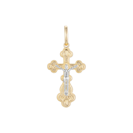 🔥 Eastern Orthodox Russian budded Cross Crucifix pendant in 14K Gold, Rose Gold two tone & White Gold plating colors