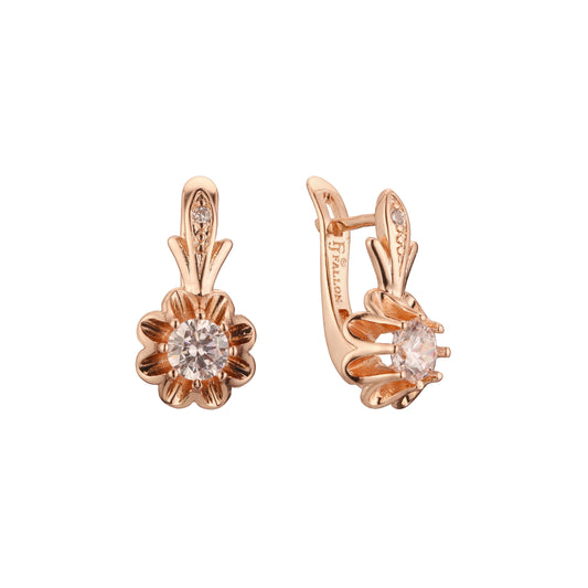 .Flower solitaire white cz earrings in 14K Gold, Rose Gold, two tone plating colors
