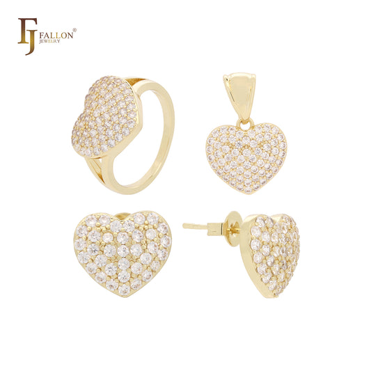 クラスター ハート ホワイト CZ 14K ゴールド ジュエリー セット ペンダントとリング付き