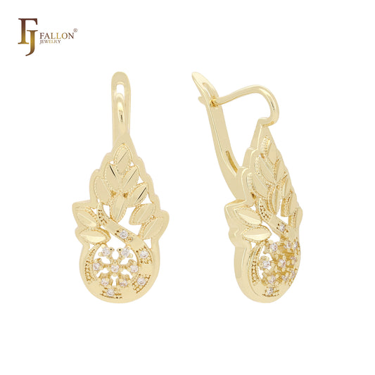 Tausendblätter-Cluster weiße Zirkonia 14 Karat Gold, Roségold-Ohrringe