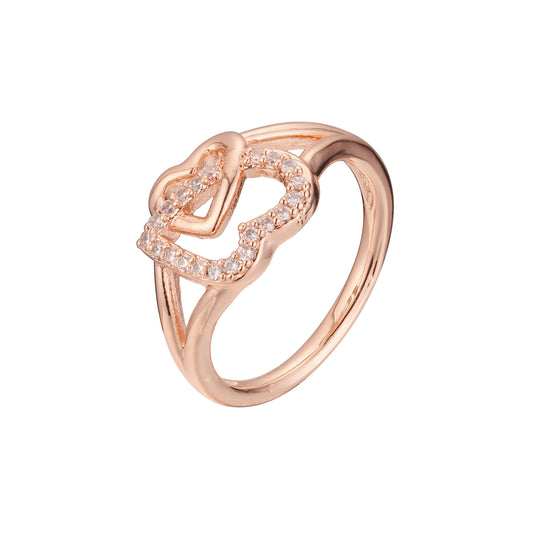 Double heart rings in 14K Gold, Rose Gold plating colors