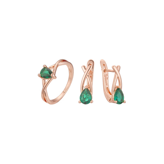 Conjunto de esmeralda solitario de oro rosa