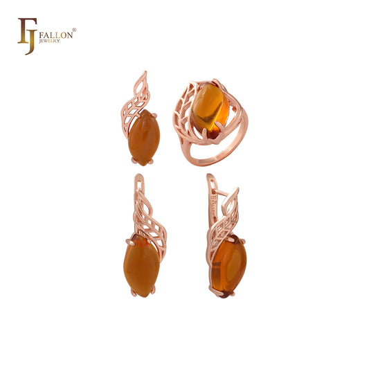 Marquise Amber Orange Red solitaire big CZ pendant and rings Rose Gold Jewelry Set