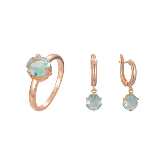 Conjunto de joias anéis de ouro rosa CZ verde maçã