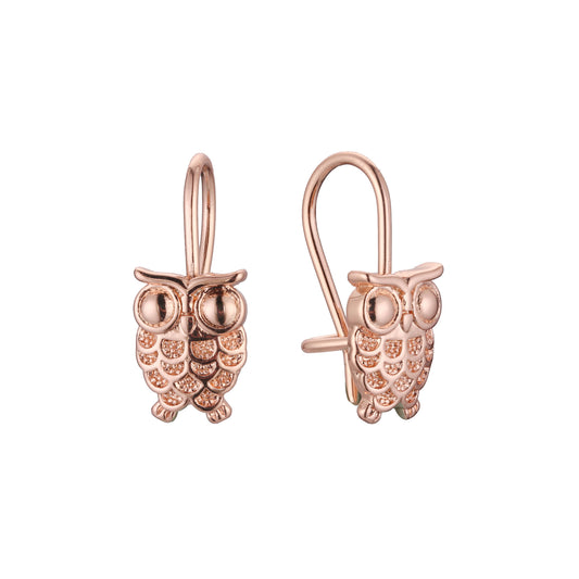 Wire hook owl child earrings in 14K Gold, Rose Gold plating colors