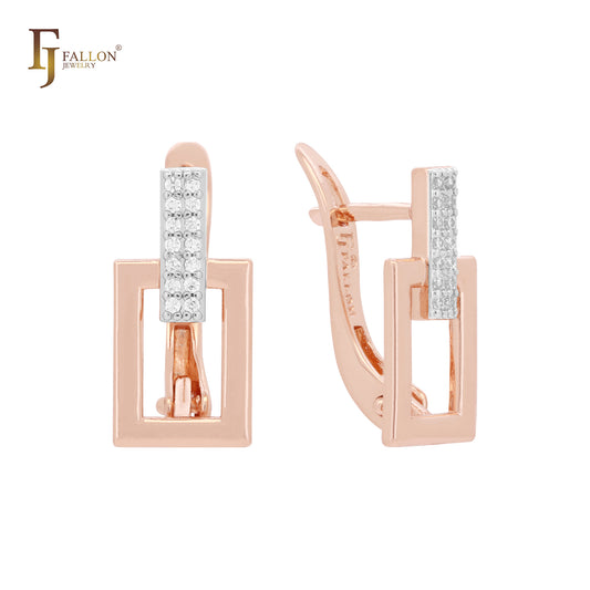 Geometric squared rectangular cluster white CZs Rose Gold Earrings