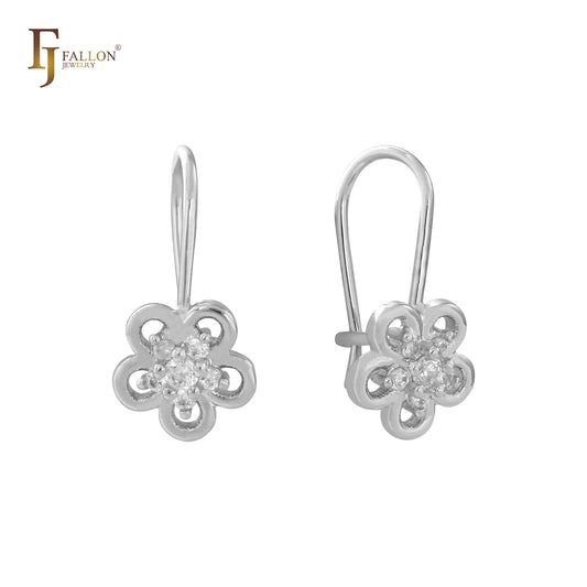 Flower cluster white CZs wire hook 14K Gold, White Gold Child earrings