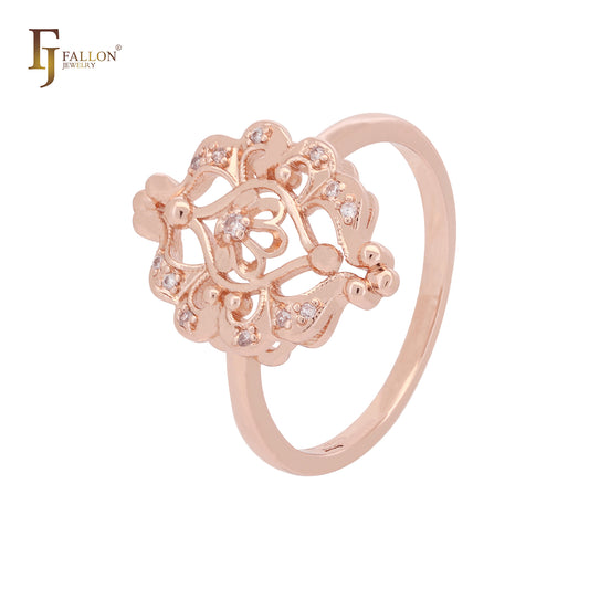Anel de filigrana com zircônias cúbicas brancas em ouro 14K e ouro rosa