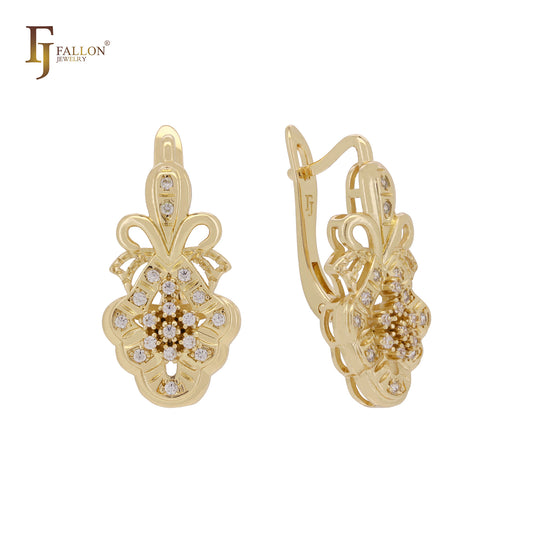 Pendientes de oro de 14 quilates, oro rosa y oro blanco con circonitas blancas en racimo de piña.