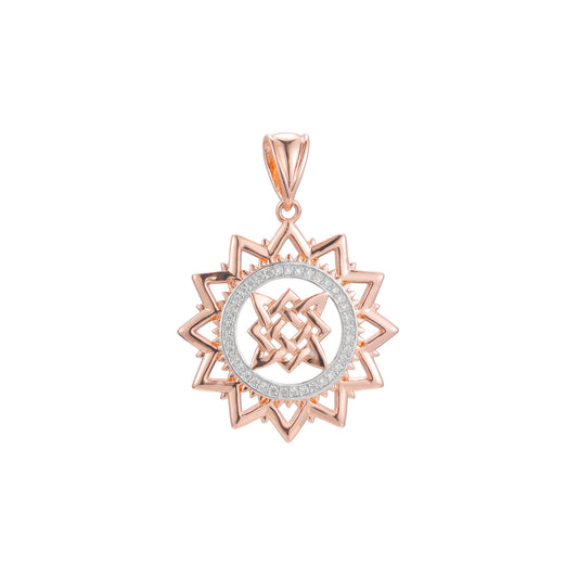 Slavic Sun Symbol RoseGold, 14K Gold Pendant with Eternal Knot Design – Rose Gold Plated with CZ Accents