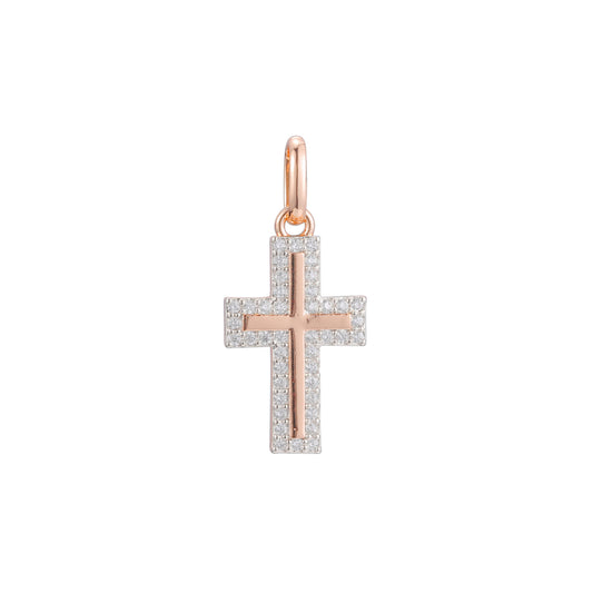Squared Edged Cluster white CZs 14K Gold Latin Cross Pendant