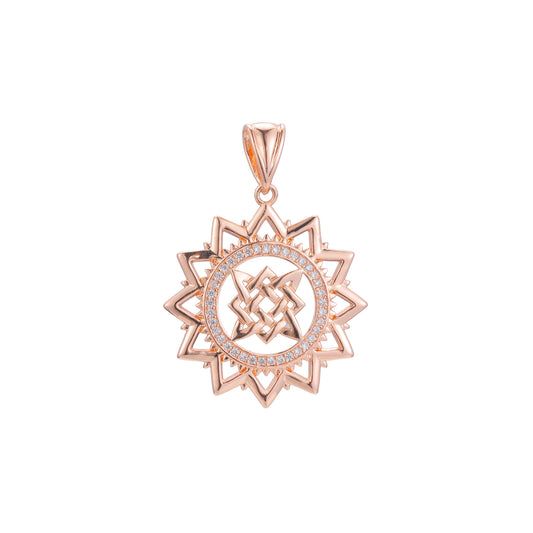 Slavic Sun Symbol RoseGold, 14K Gold Pendant with Eternal Knot Design – Rose Gold Plated with CZ Accents
