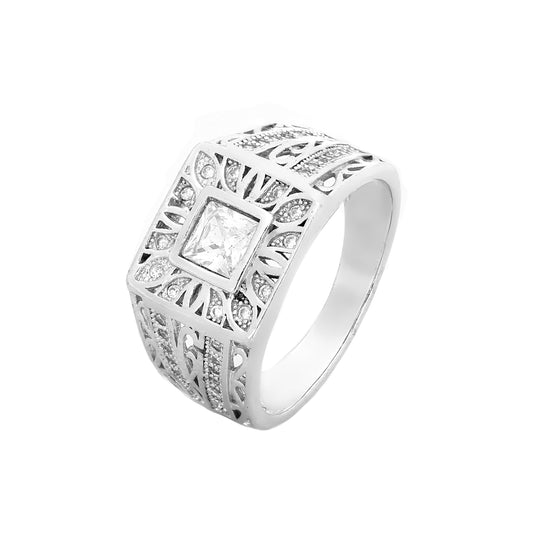 Luxurious Cluster solitaire and paved white cubic CZ men's signet white gold, Rose Gold rings
