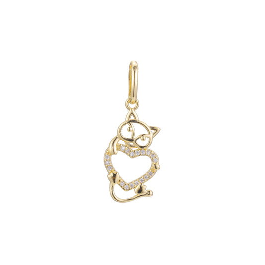 Cat holding heart animal pendant in 14K Gold, Rose Gold two tone plating colors
