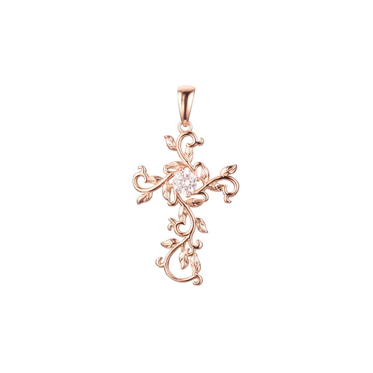 Leaves of life Eastern Fashion Cross pendant in Rose Gold, White Gold