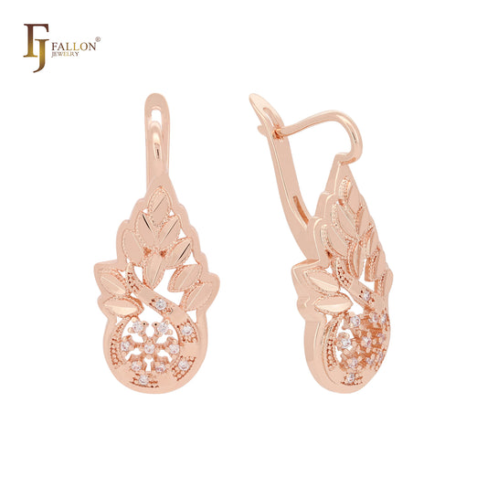 Tausendblätter-Cluster weiße Zirkonia 14 Karat Gold, Roségold-Ohrringe