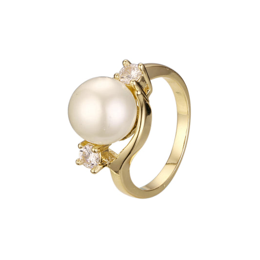 Solitaire pearl rings sided with 2 stones in 18K Gold, 14K Gold, Rose Gold plating colors