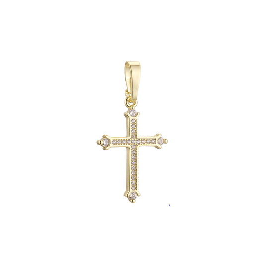 Cluster white CZs 14K Gold Latin Budded Cross Pendant