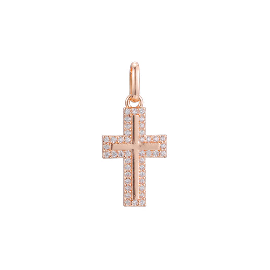 Squared Edged Cluster white CZs 14K Gold Latin Cross Pendant