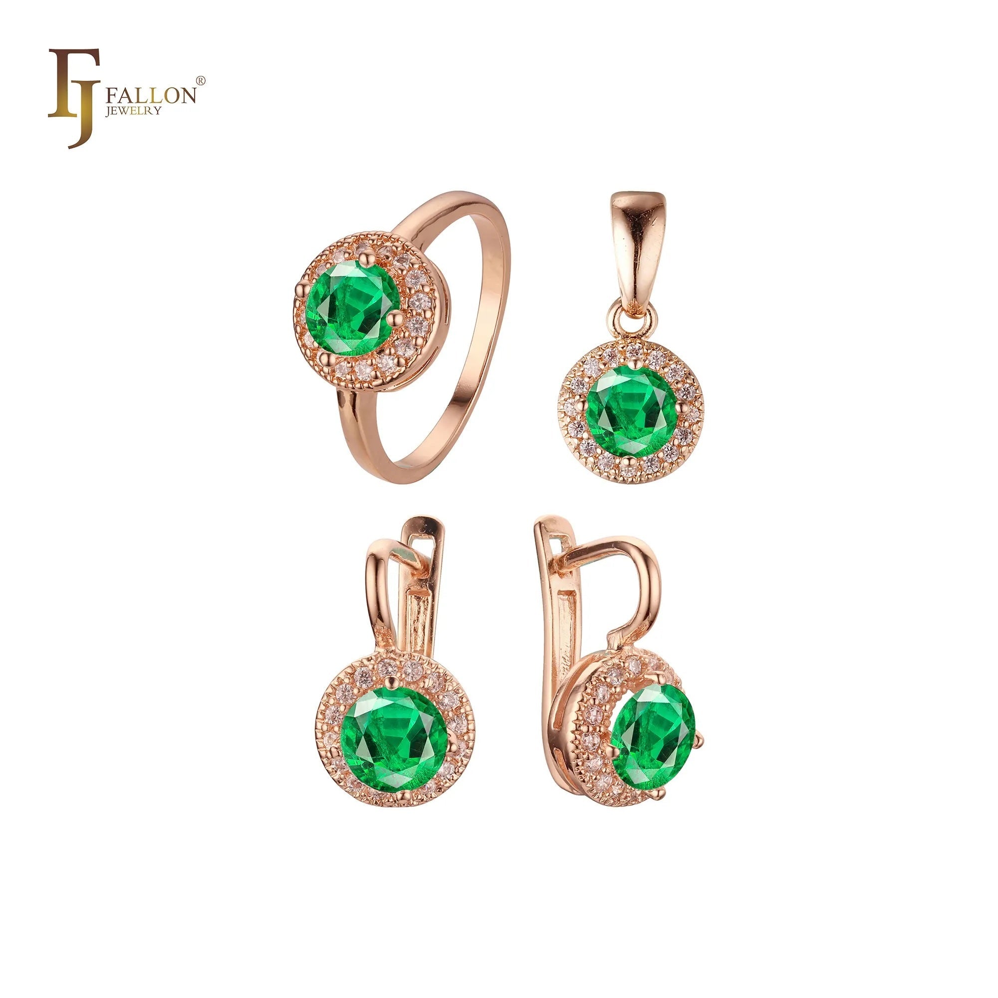 "Rose gold jewelry set with round green CZ stones and pavé white CZ accents, includes earrings, ring, and pendant in a matching design." Jewelry Set from FJ Jewelry