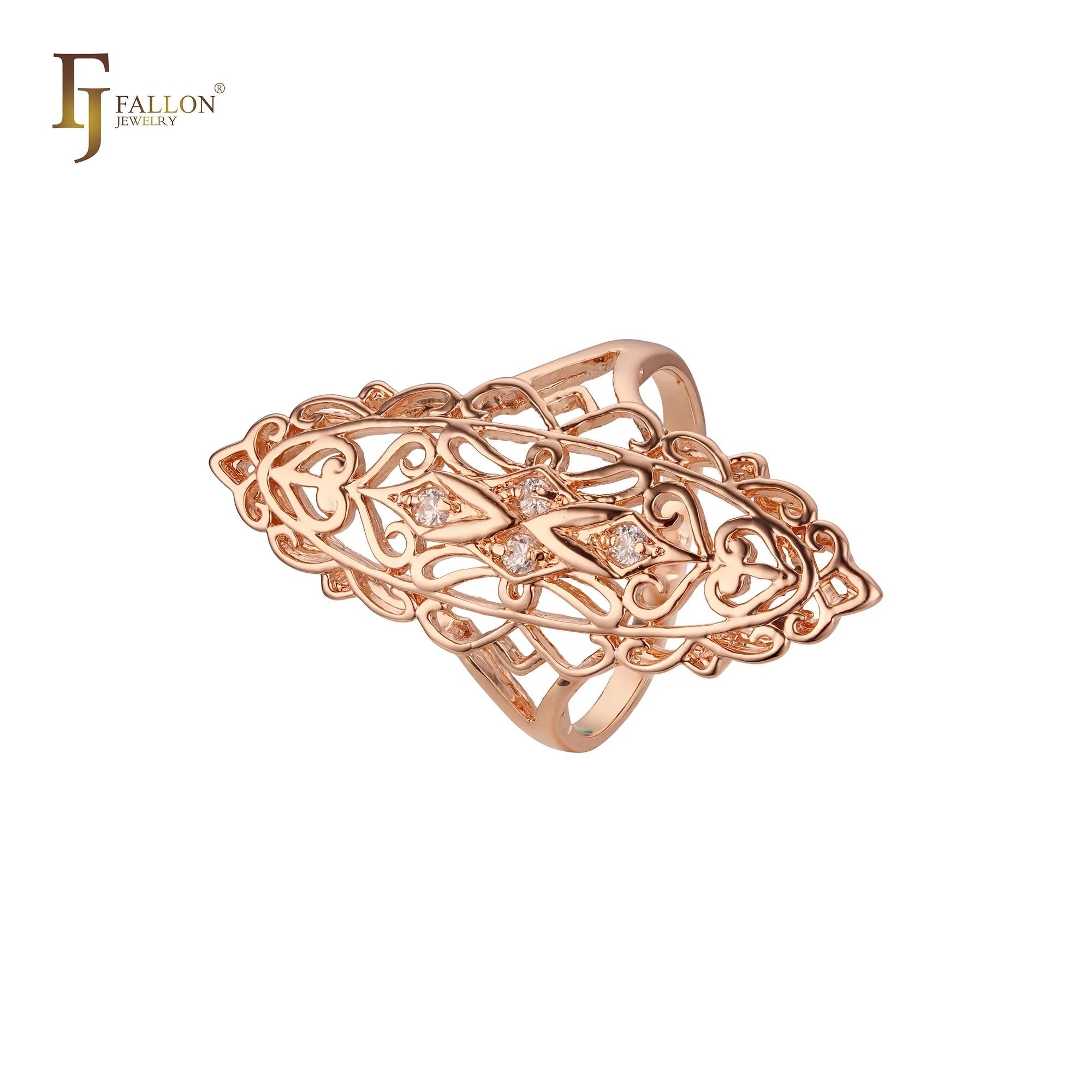 "Rose gold fashion ring with filigree leaf-shaped openwork design and multiple white CZ stones, ornate and elegant style." Rings (Fashion Rings) From FJ Jewelry
