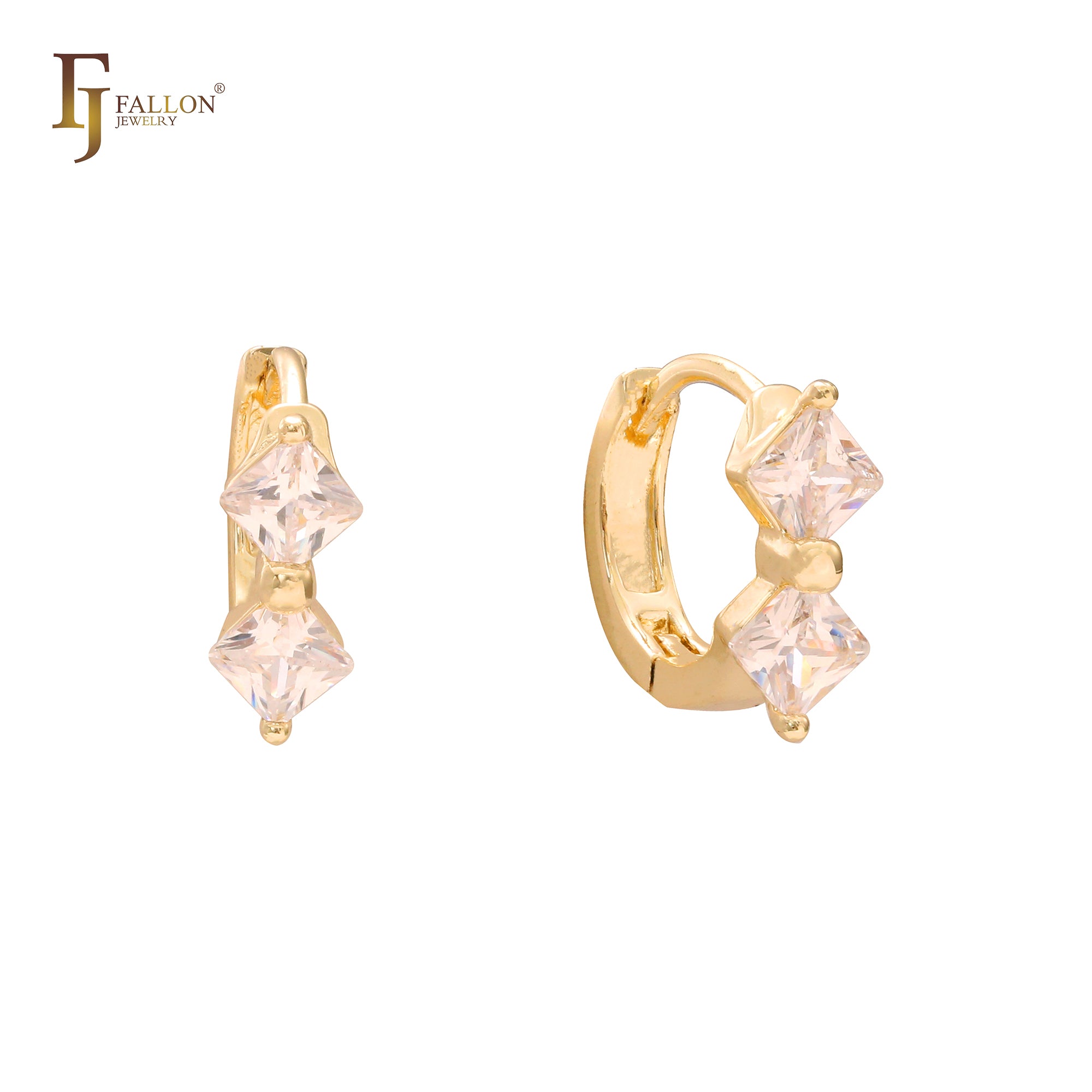 Doppelte Raute mit weißen Zirkonia-Steinen, 14 Karat Gold, 18 Karat Gold, Huggie-Ohrringe