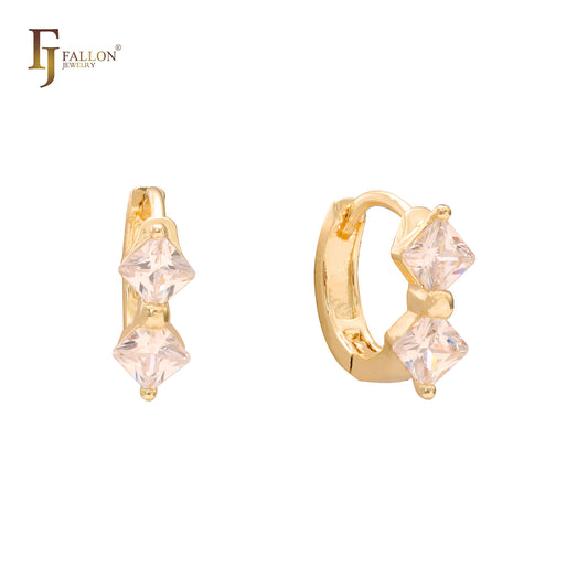 双菱形白色 CZ 14K 金、18K 金耳环