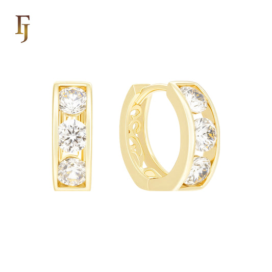 Triple white CZs cluster 14K Gold Huggie Earrings