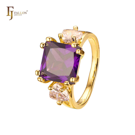 Anillo de compromiso de oro de 18 quilates con solitario de gran corte esmeralda con circonitas cúbicas coloridas y dos circonitas blancas.