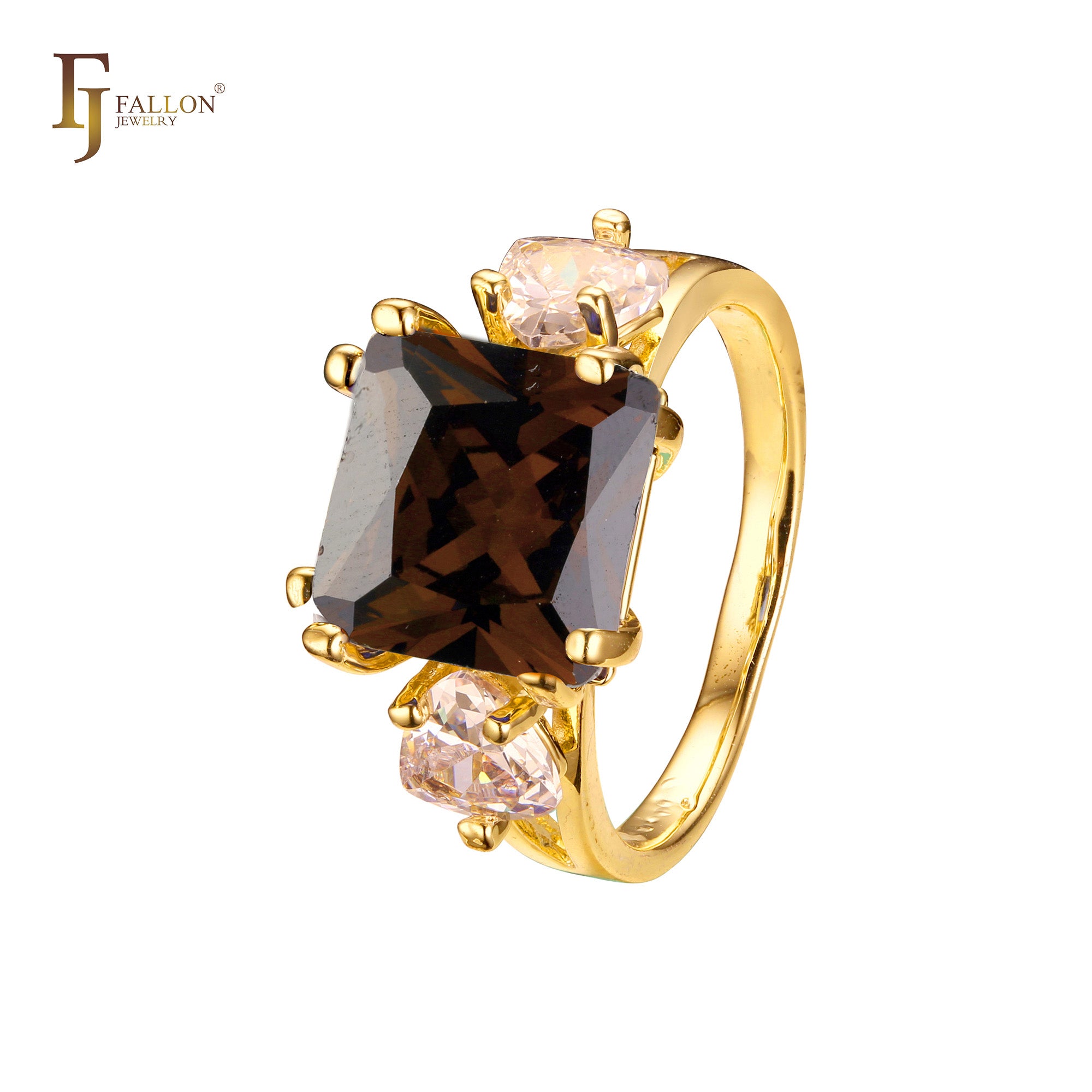 Anéis de noivado solitários de ouro 14K com zircônia cúbica colorida e lapidação esmeralda grande com dois zircônias cúbicas brancas