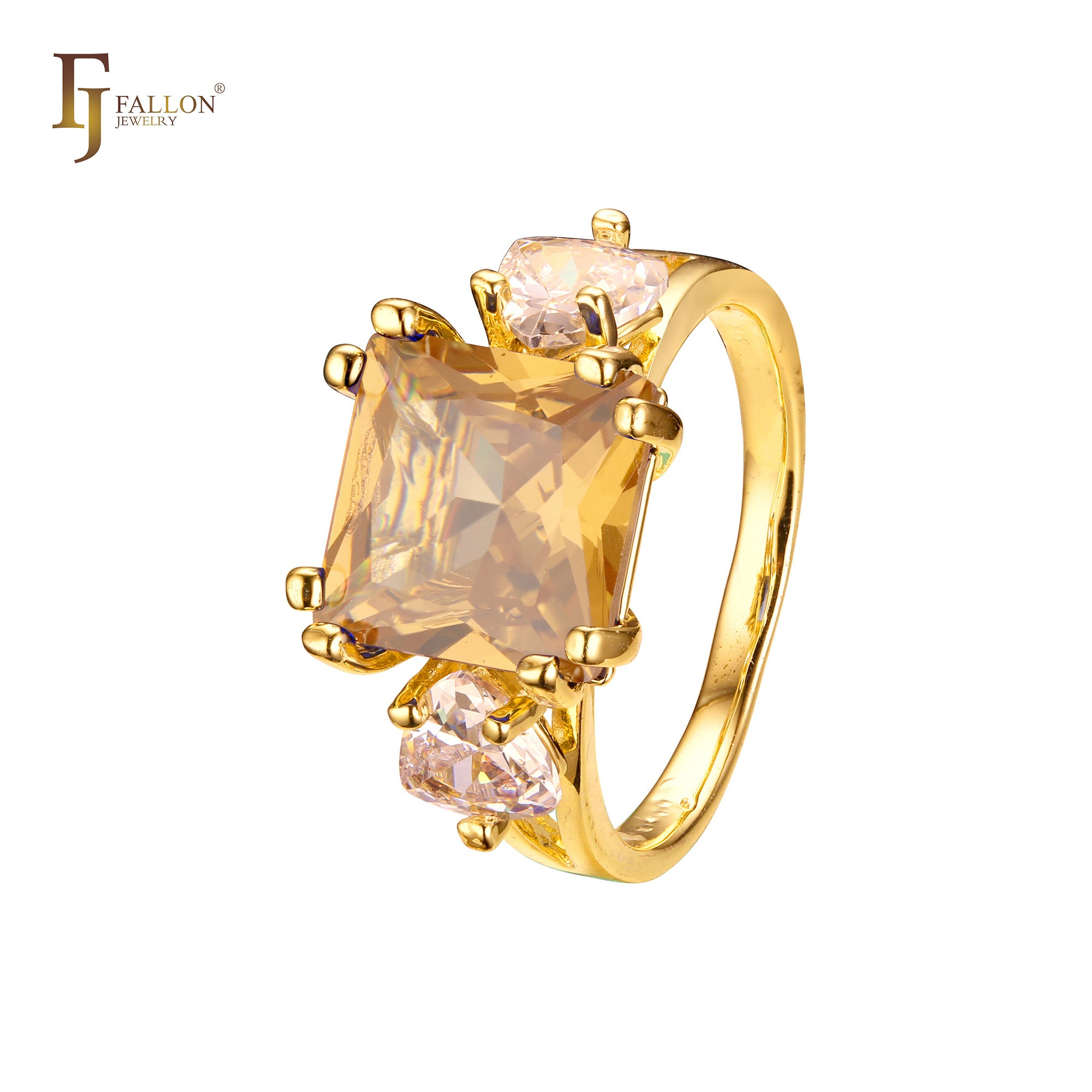 Anéis de noivado solitários de ouro 14K com zircônia cúbica colorida e lapidação esmeralda grande com dois zircônias cúbicas brancas