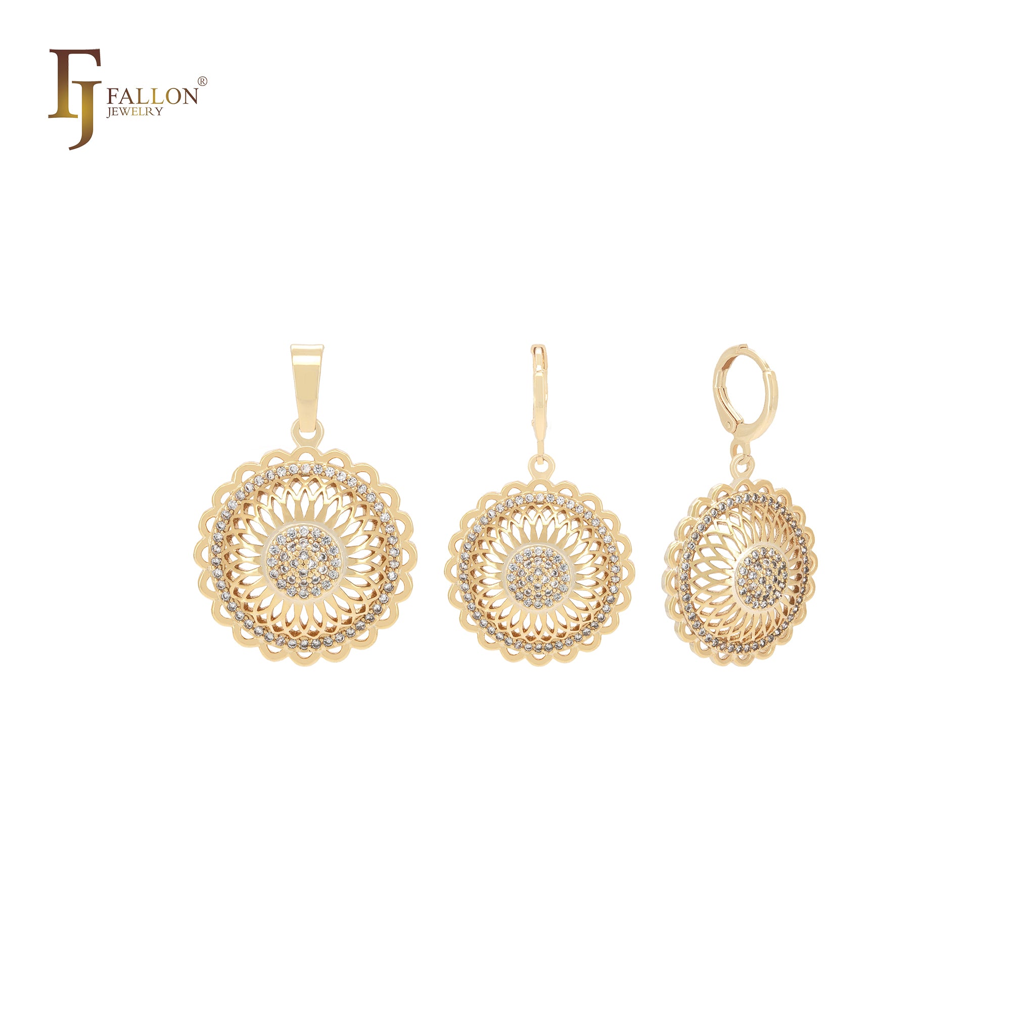 Conjunto de joias de ouro 14K com pingente e girassol redondo de zircônias cúbicas brancas