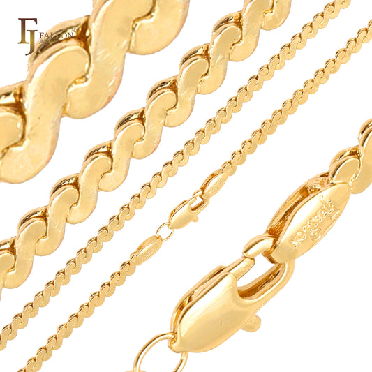 Correntes serpentinas largas com elos extravagantes banhadas em ouro 14K, ouro 18K, ouro rosa e ouro branco