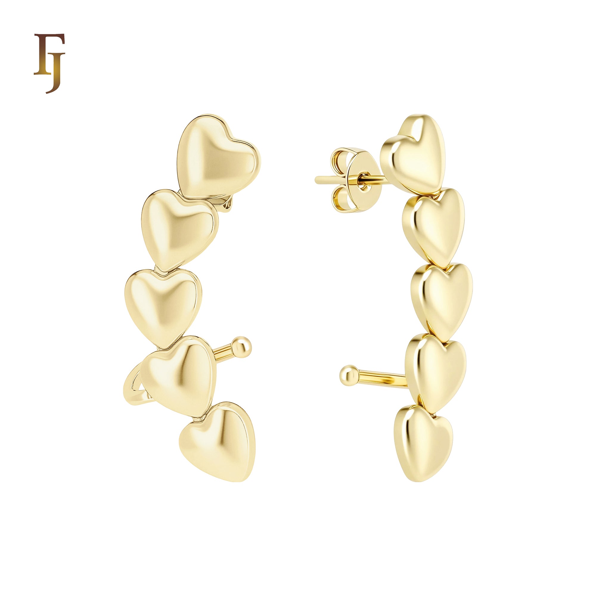 Heart cluster 14K Gold, Rose Gold Cuff Stud Earrings