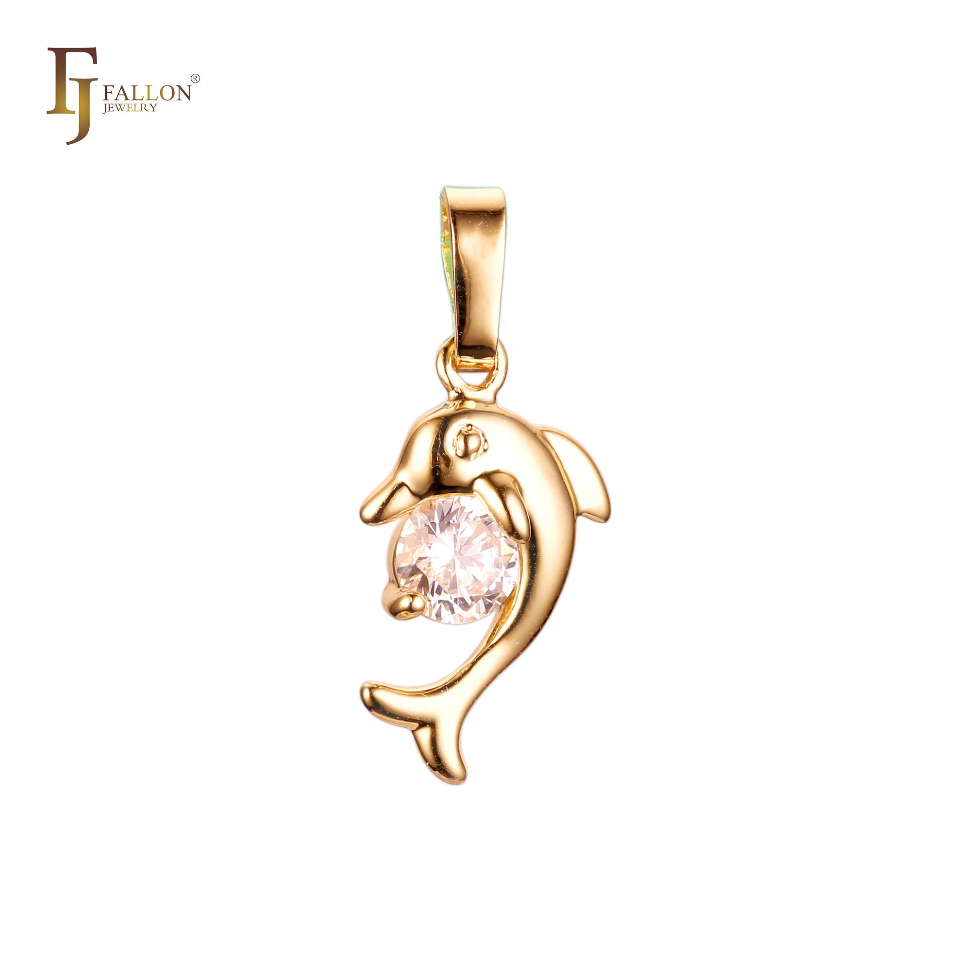 Solitaire white CZ the dolphin 18K Gold Animal Pendant