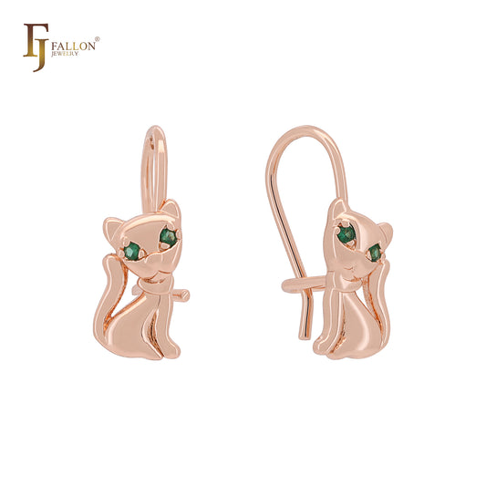 Little Kitty Cat of Emerald Green CZs eyes Rose Gold Child Wire Hook Earrings