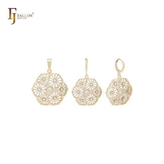 Conjunto de joias de ouro 14K com pingente em forma de caleidoscópio radioativo alternativo, flocos de neve, zircônias cúbicas brancas