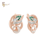 Luxurious phoenix peacock feather colorful CZs Rose Gold two tone Russian Lock Earrings