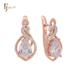 Solitaire pear shape Coffee CZ Rose Gold two tone Russian Lock Earrings
