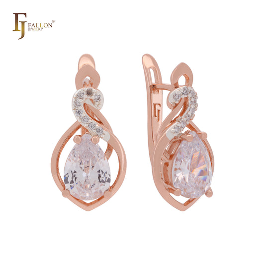 Solitaire pear shape Coffee CZ Rose Gold two tone Russian Lock Earrings
