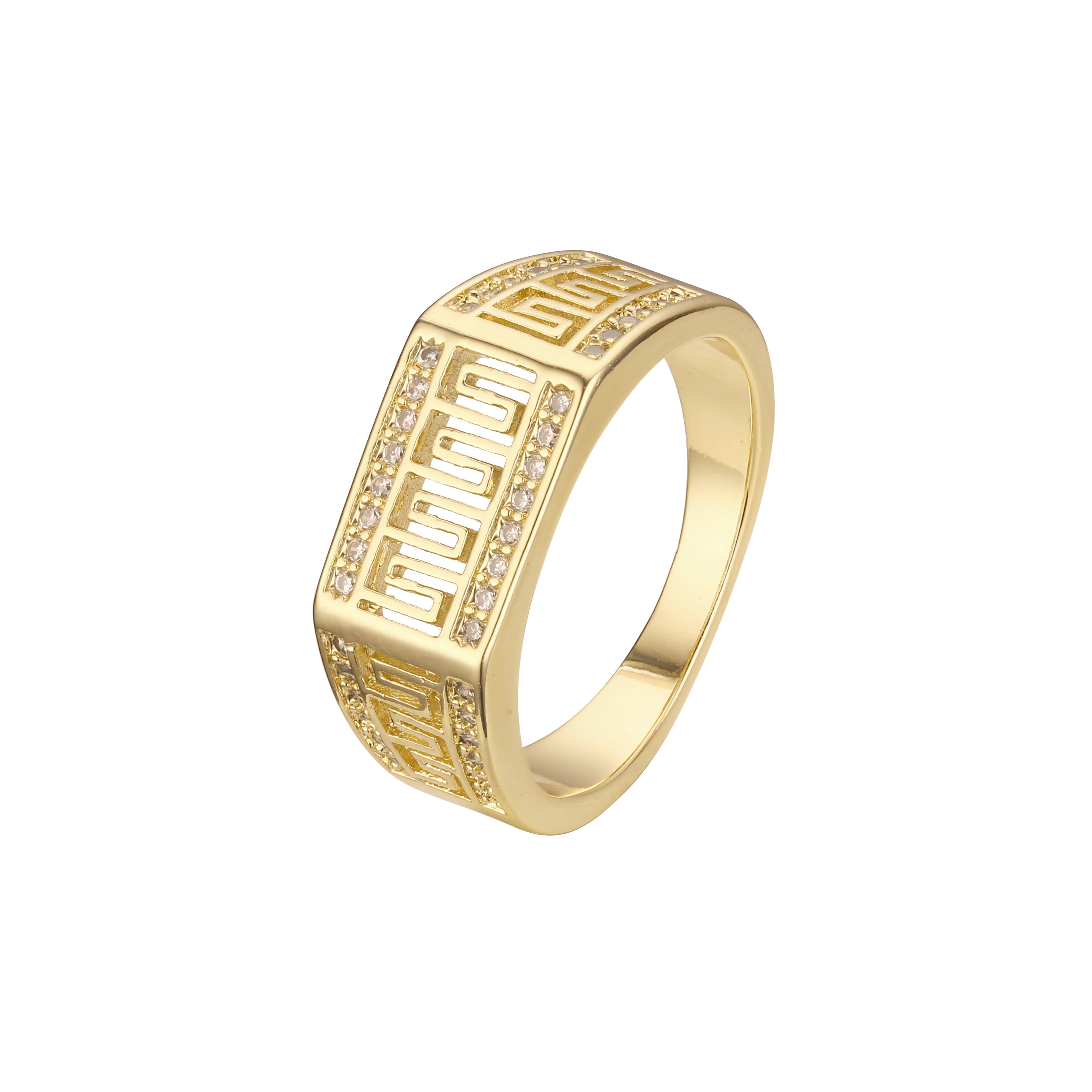 Anillos de oro rosa de 14 quilates con circonitas blancas pavimentadas y llave griega